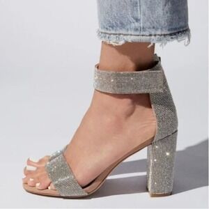 Jeffrey Campbell Lindsey Sandal 10 Silver Rhinestone Block Heel Glam‎ Sparkle